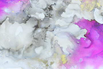 art photography of abstract fluid art painting with alcohol ink, pink, purple, black and gold colors