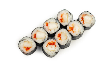 Sushi mini roll with fried sea bass on a white plate, ingredients fried bass, flying fish roe, rice, nori. Traditional Japanese food. For the restaurant menu.