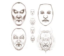 set of masks human Japan drawing style 