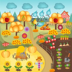 Childrens cartoon colorful illustration of autumn garden and vegetable garden. Ripe harvest of fruits and vegetables on the background of yellow trees and haystacks. No gradients, using blend
