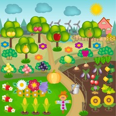 Summer garden with ripe fruits and berries and vegetable garden with harvest. Colorful cartoon vector graphics of rural landscape. No gradients, using blend