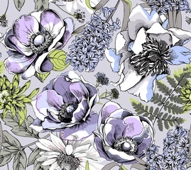 Seamless floral pattern. Peony, Anemone, Hyacinth, wildflowers, cornflowers flowers and leaves. Textile composition, hand drawn style print. Vector illustration.