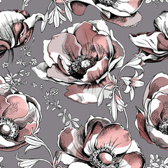 Seamless floral pattern. Light rose gold Anemone flowers and herb leaves on a gray background. Textile composition, hand drawn style print. Vector illustration.