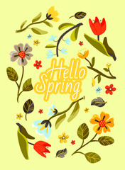 Hello spring! Greeting card with spring flowers and tulips