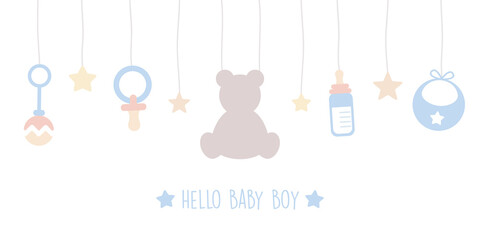 baby boy welcome greeting card for childbirth with hanging utensils vector illustration EPS10