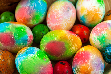 Fototapeta na wymiar Easter eggs, process of painting in different ways, bright, colorful Easter eggs