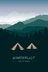 camping adventure tent at green mountain and forest landscape vector illustration EPS10 - obrazy, fototapety, plakaty