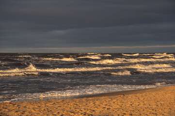 Wavy water of the Baltic sea and sandy shore in the warm evening sunlight. 