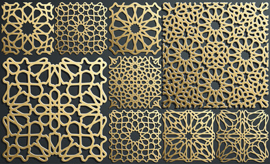 Gold ornament on black. Islamic pattern set. Arabic geometric pattern bundle, east ornament, indian ornament, persian motif. Eid mubarak wall art gold texture template.