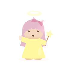 Angel. With a magic wand in hand. Halo over his head. He waves his hand. Vector illustration icon.