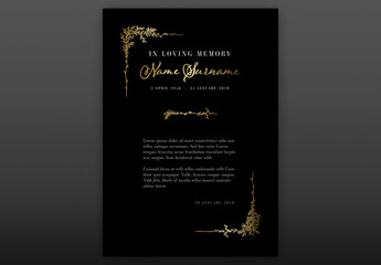 Black Funeral Notice Condolence Card Layout with Floral Golden Elements