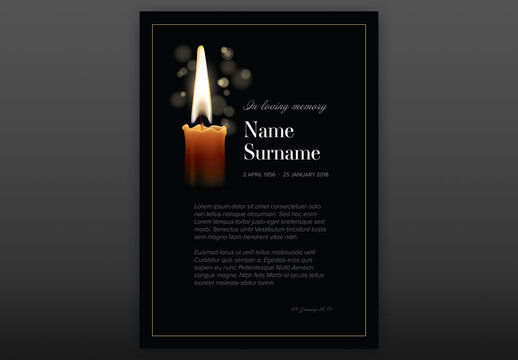 Black Funeral Notice Condolence Card Layout with Candle
