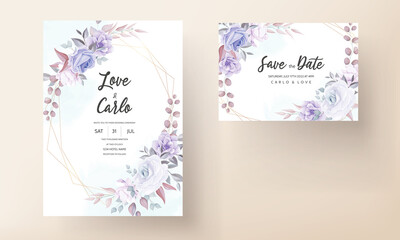 Fototapeta na wymiar Beautiful wedding invitation card with purple flower ornament