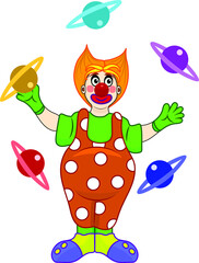 funny clown in a colorful costume juggles balls isolated on a white background 