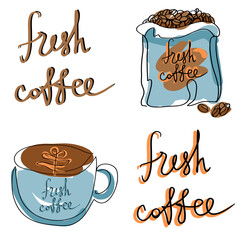 Vector set on the theme of coffee. A bag of fresh coffee beans, a cup of coffee with a pattern, lettering fresh coffee. Blue and brown colors.