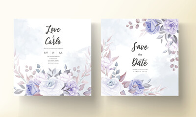 Naklejka na ściany i meble Beautiful wedding invitation card with purple flower ornament