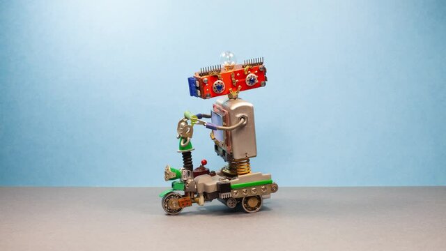 Funny steampunk robotic biker drives an electric scooter. Eco-friendly transport of the future. Blue gray background