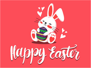 Hand drawn happy easter day card with cute bunny holding egg. Happy Easter day concept, Vector, illustration.