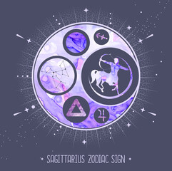 Modern magic witchcraft card with astrology Sagittarius zodiac sign. Alcohol ink background. Zodiac characteristic