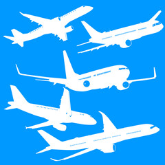 Set silhouette passenger aircraft on a blue background