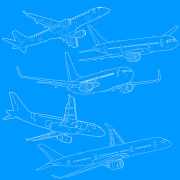 Set silhouette passenger aircraft on a blue background