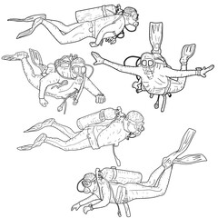 Set sketch silhouette scuba divers on white background