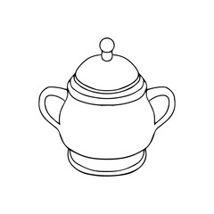 Black hand drawing outline illustration of a bowl for sugar isolated on a white background