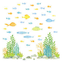 Naklejka na ściany i meble Cute colorful fishes card Deep sea. Watercolor, hand drawn. Blue, yellow, green and orange colors, isolated on white background. Good for kids fabric, textile, wrapping paper, wallpaper, prints