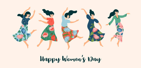 Vector illustration of cute dancing women. International Women s Day concept for card, poster, banner and other