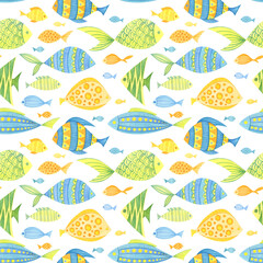  Cute colorful seamless pattern Cartoon fishes. Watercolor, hand drawn. Blue, yellow, green and orange, isolated on white background. Good for kids fabric, textile, wrapping paper, wallpaper, prints
