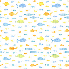 Cute colorful fishes seamless pattern Deep sea. Watercolor, hand drawn. Blue, yellow, green and orange colors on white background. Good for kids fabric, textile, wrapping paper, wallpaper, prints
