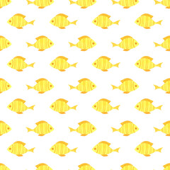 Cute colorful seamless pattern Golden Fishes. Watercolor, hand drawn. Yellow and orange, isolated on white background. Good for kids fabric, textile, wrapping paper, wallpaper, prints