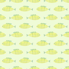 Cute colorful seamless pattern Green fishes. Watercolor, hand drawn. Yellow, green colors, isolated on green background. Good for kids fabric, textile, wrapping paper, wallpaper, prints