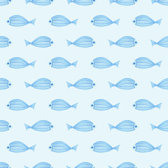 Cute colorful fishes seamless pattern Ocean blue. Watercolor, hand drawn. Blue colors, isolated on light blue background. Good for kids fabric, textile, wrapping paper, wallpaper, prints