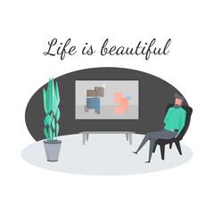 The concept of sucking life. Motivating picture. Vector illustration. A man drinking coffee in his favorite apartment.