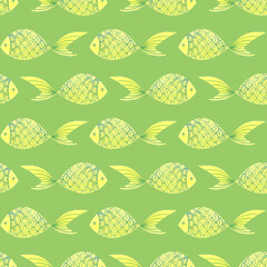Cute colorful fishes seamless pattern Chinese fish. Watercolor, hand drawn. Yellow, green colors, isolated. Good for kids fabric, textile, wrapping paper, wallpaper, prints