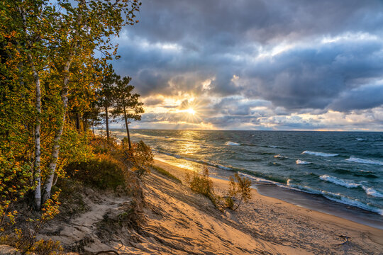 Beautiful autumn sunset on Lake Superior at Twelvemile Beach Campground in the Pictured Rocks National Lakeshore - Michigan Upper Peninsula