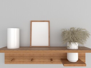 Home interior poster mock up with vertical wood frame with ornamental plants in pots