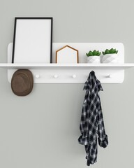 Home interior poster mock up with vertical metal frame with hanging hat and flanel shirt and ornamental plants in pots 