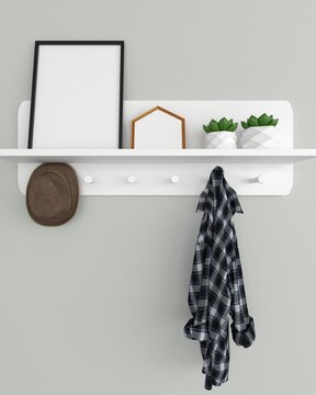 Home interior poster mock up with vertical metal frame with hanging hat and flanel shirt and ornamental plants in pots 