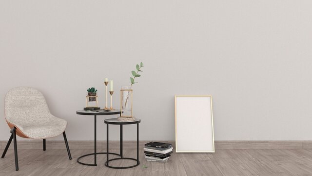 Poster with vertical frames on empty white wall in living room interior with modern chair and coffee table. 3d render