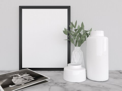 Home interior poster mock up with vertical metal frame with ornamental plants in pots 
