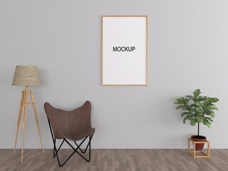 Poster with vertical frames on empty white wall in living room interior with leather chair. 3d render