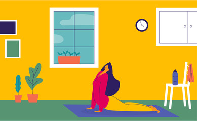 Woman training yoga on a mat at home. Stay fit concept. Modern flat design illustration.