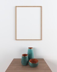 Frame poster mockup on cabinet in interior. 3d render