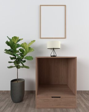 Frame mockup on cabinet in interior, 3D render