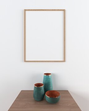 Frame poster mockup on cabinet in interior. 3d render
