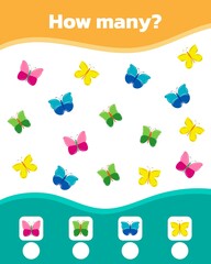 How many cute colorful butterflies are there. Math game for kids. Vector illustration.