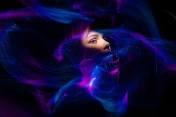 lightpainting portrait, new art direction, long exposure photo without photoshop, light drawing at long exposure