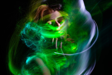 lightpainting portrait, new art direction, long exposure photo without photoshop, light drawing at long exposure